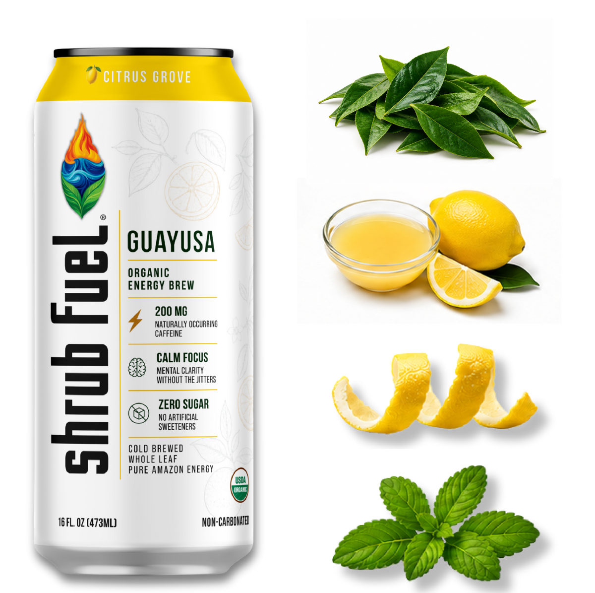 A can of Shrub Fuel Organic Energy Brew in Guayusa flavor, shown on a white background with ingredient illustrations of green leaves, a whole lemon, lemon slices, and a small bowl of yellow liquid.