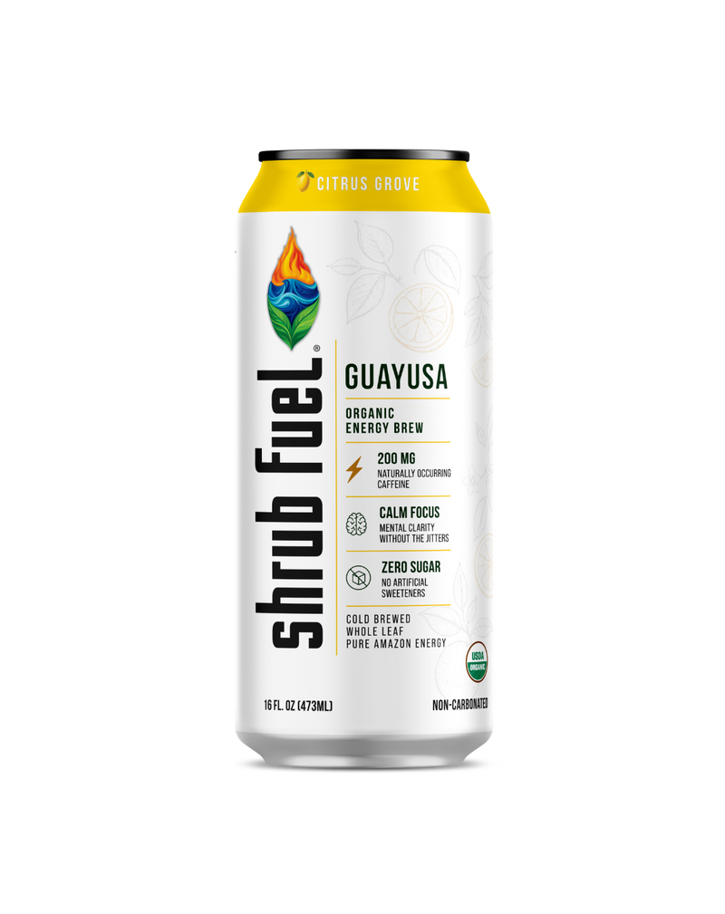 A single can of Shrub Fuel Guayusa citrus energy brew on a plain white background. The can is primarily white with a bright yellow band at the top and black branding text.