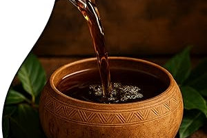 Brown ceramic bowl with tea being poured into it, surrounded by green leaves.