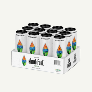 12-pack of Shrub Fuel cold brew energy drinks in a box on a white background