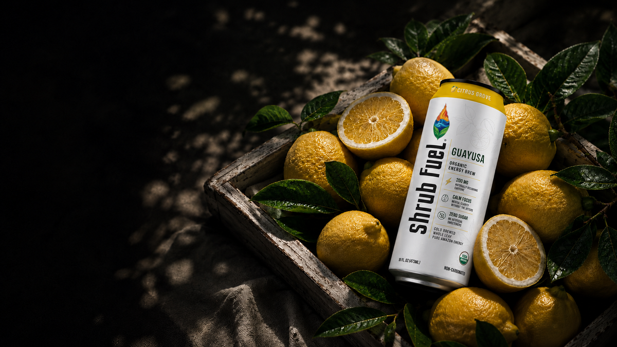 Shrub Fuel Citrus Grove lemon organic guayusa energy drink with lemons and guayusa leaves