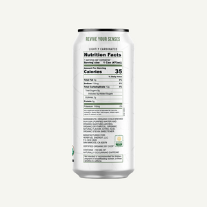 Nutrition facts label on a white background of the shrub fuel can. 