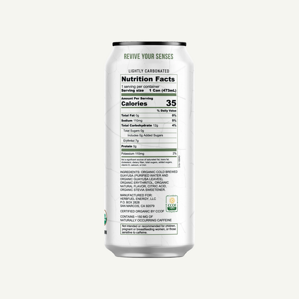 Nutrition facts label on a white background of the shrub fuel can. 