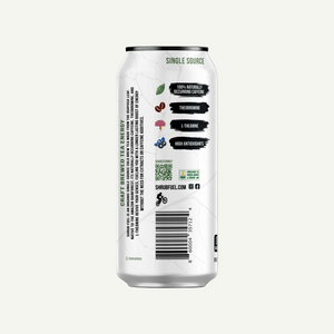 Back view of a white energy drink can with black text and labels on a white background
