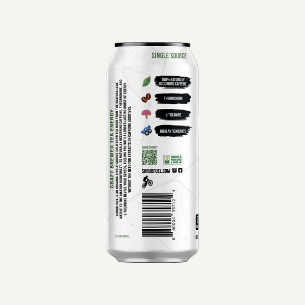 Back view of a white energy drink can with black text and labels on a white background