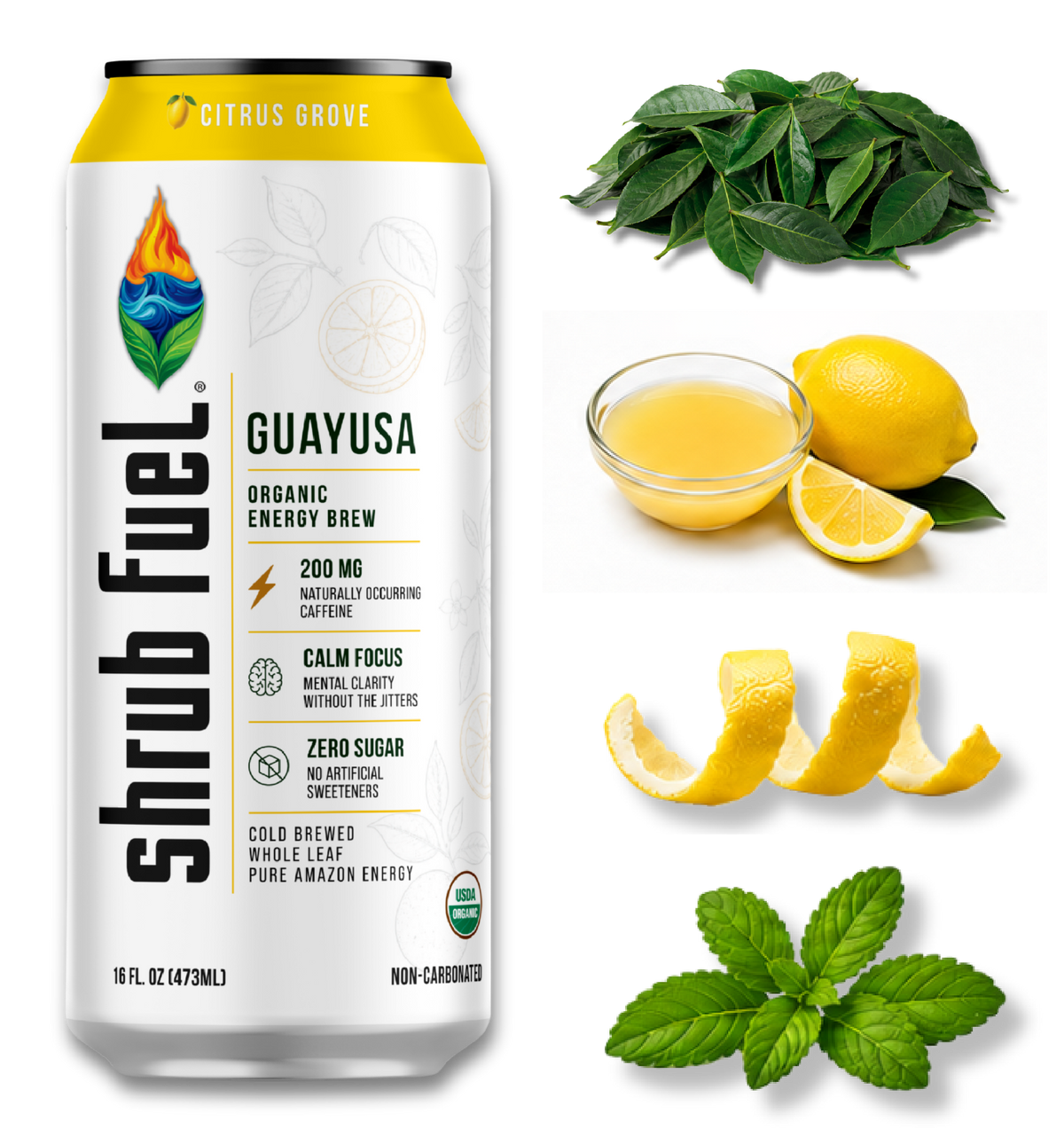 Shrub Fuel Citrus Grove organic guayusa energy drink with guayusa leaves, lemon juice and stevia.