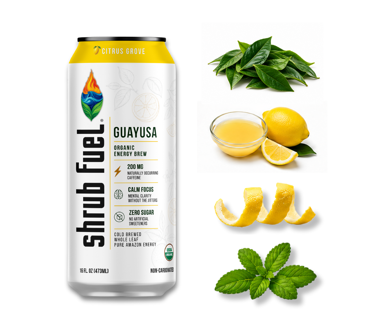A can of Shrub Fuel Organic Energy Brew in Guayusa flavor, shown on a white background with ingredient illustrations of green leaves, a whole lemon, lemon slices, and a small bowl of yellow liquid.