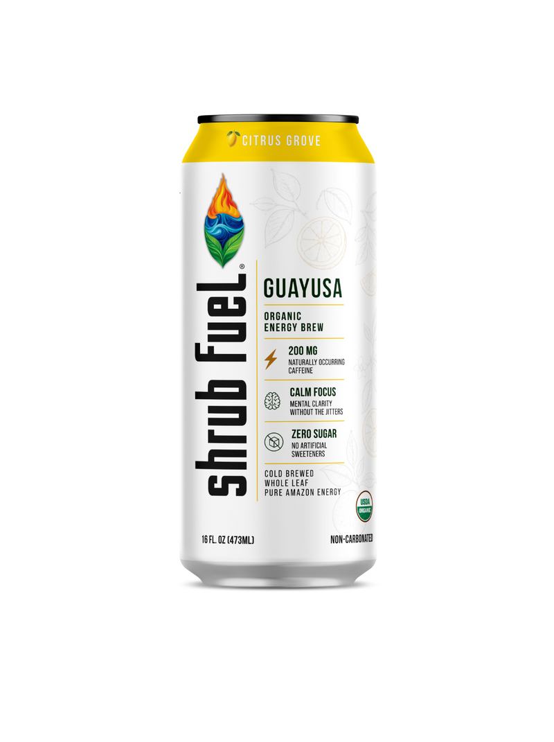 A single can of Shrub Fuel Guayusa citrus energy brew on a plain white background. The can is primarily white with a bright yellow band at the top and black branding text.