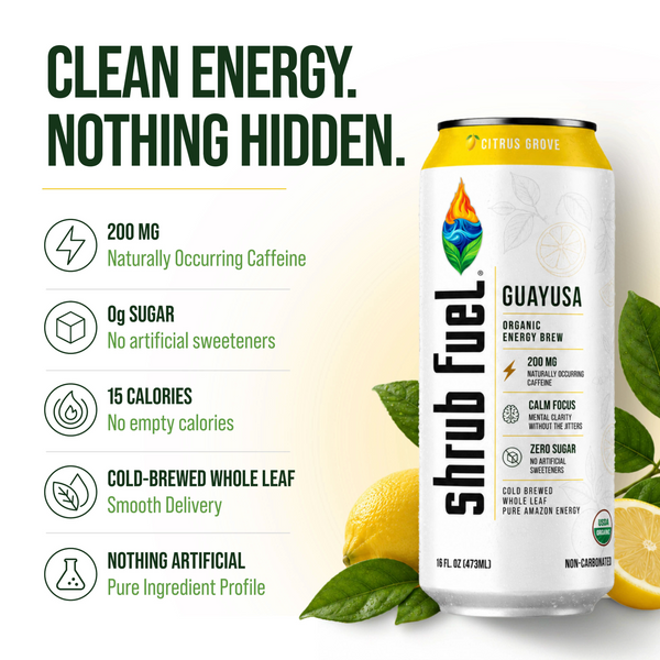 Citrus Grove benefits including 200mg natural caffeine, zero sugar, organic guayusa and no synthetic caffeine.