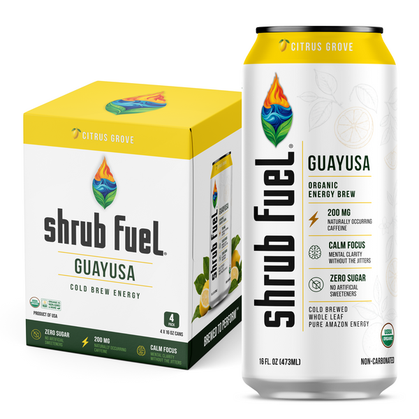 Shrub Fuel Citrus Grove organic guayusa energy drink 4-pack with 16 oz can.