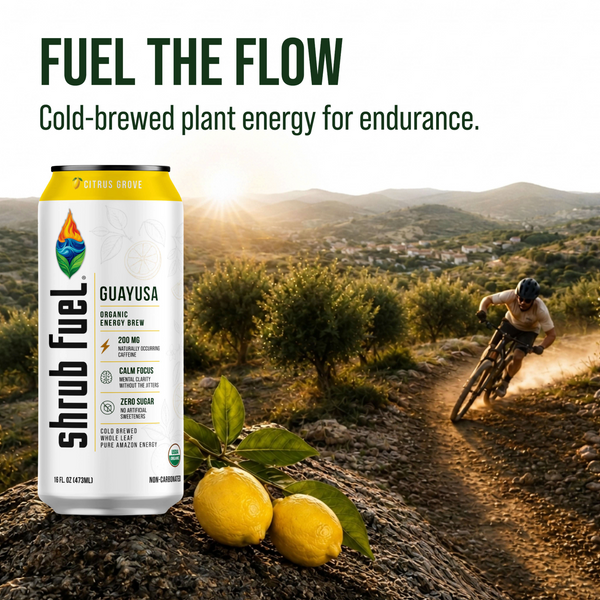 Shrub Fuel Citrus Grove guayusa energy drink beside a mountain biking trail.