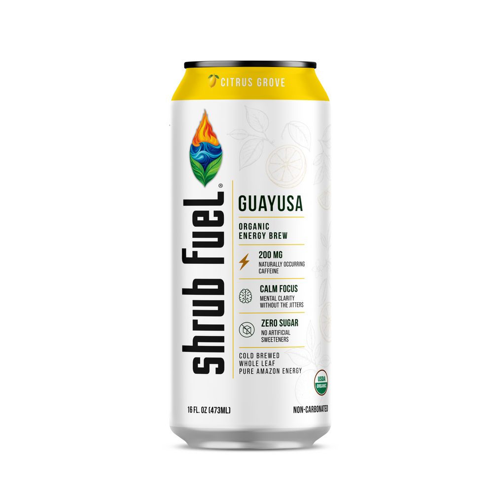 Shrub Fuel Citrus Grove organic guayusa energy drink, 16 oz can.