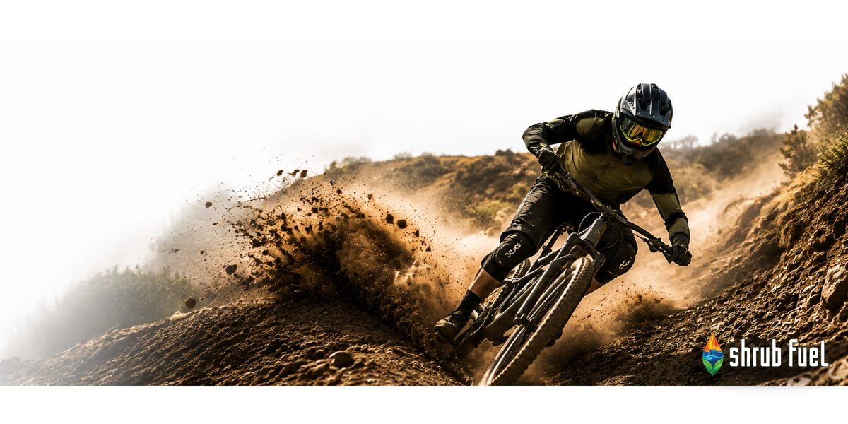Mountain biker carving through a forest trail.