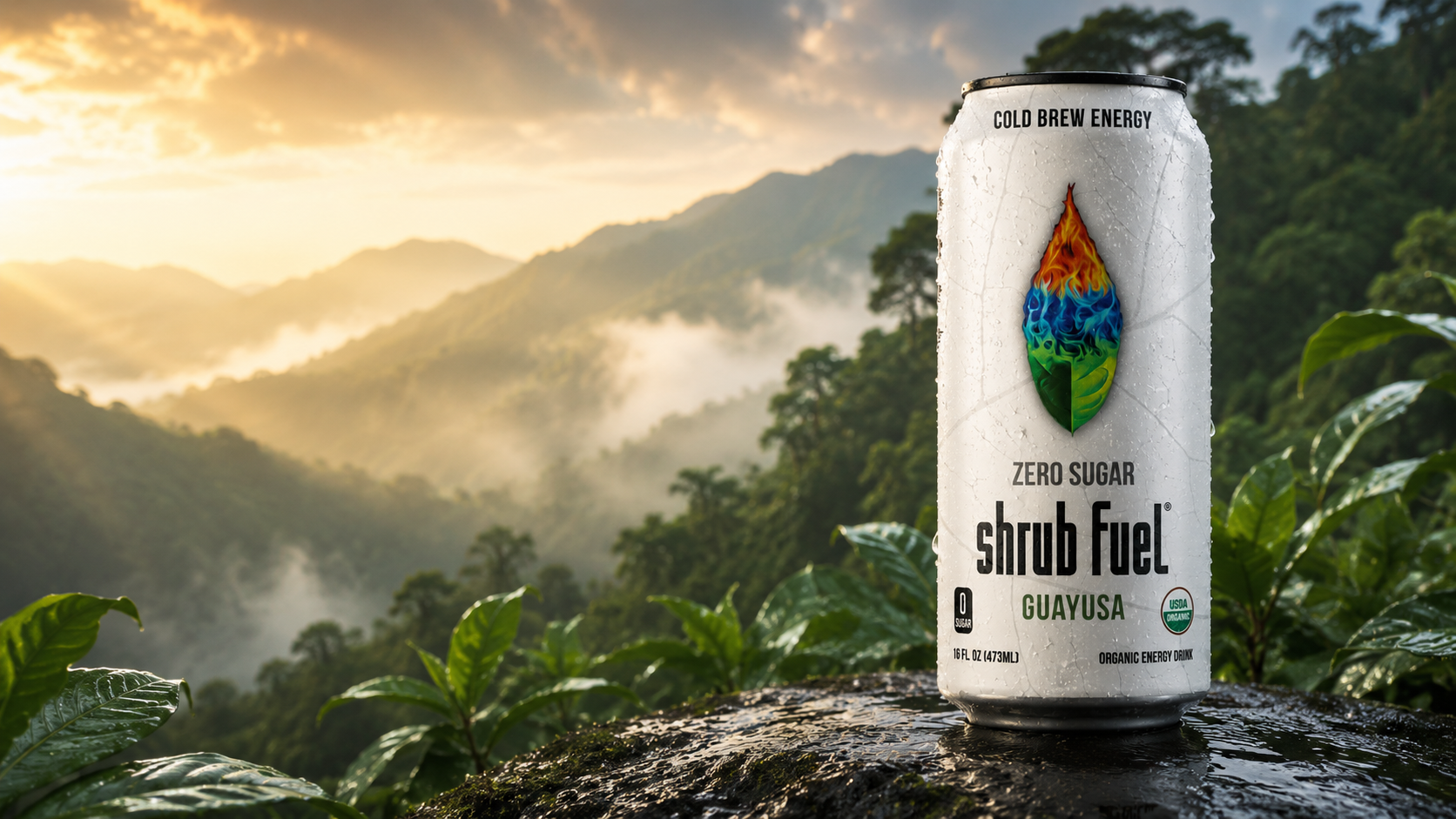 Shrub Fuel organic guayusa energy drink can surrounded by guayusa leaves in the Amazon rainforest