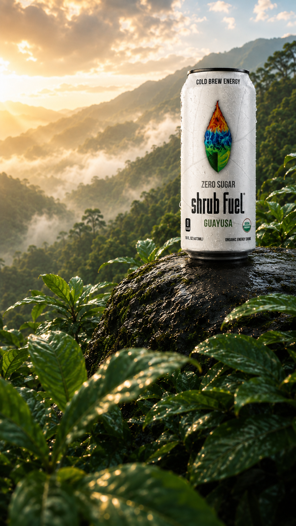 Shrub Fuel organic guayusa energy drink can surrounded by guayusa leaves in the Amazon rainforest